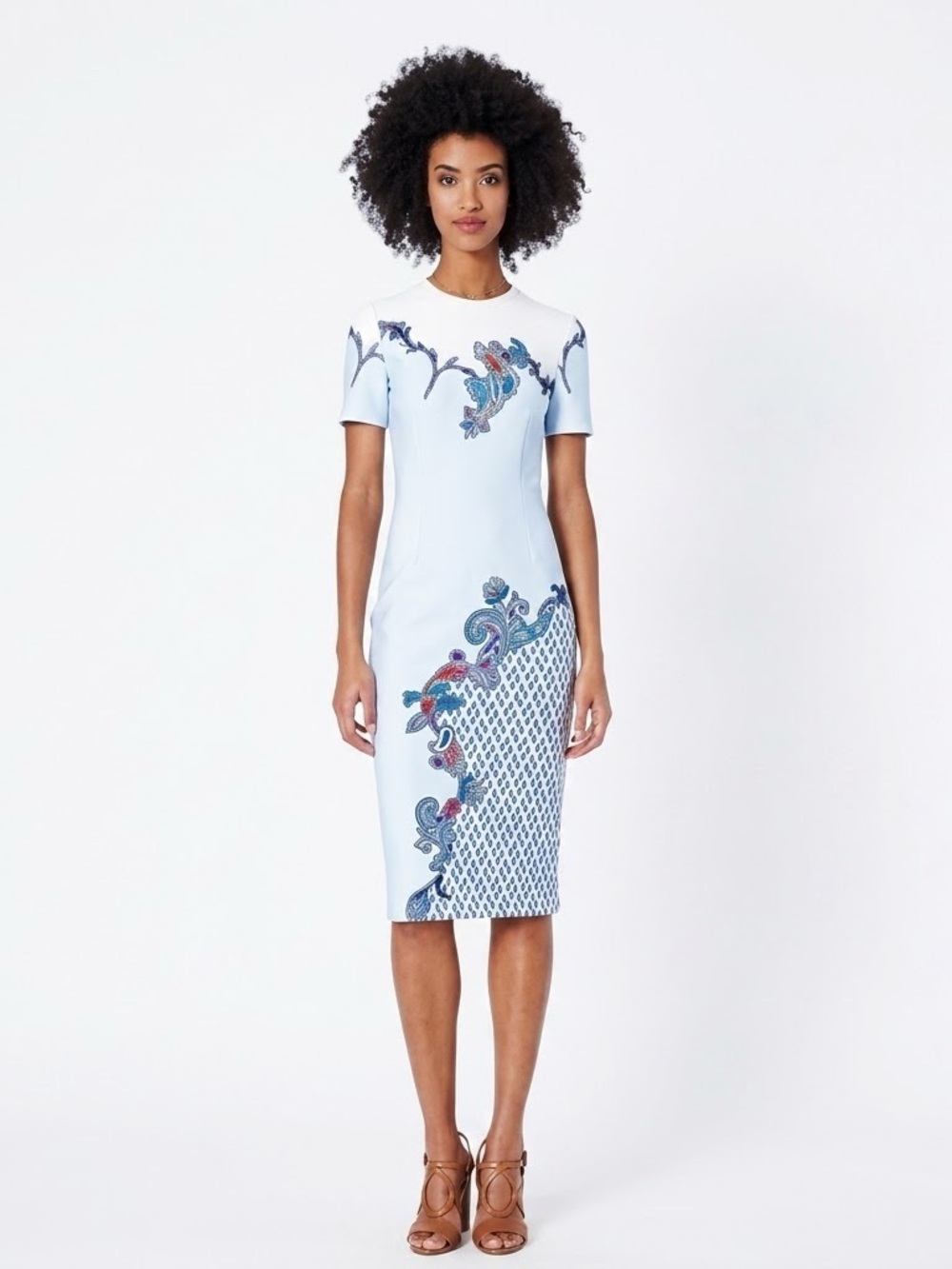 Yigal Azrouël Paisley Print Short Sleeve Jewel Neck Scuba Sheath Dress